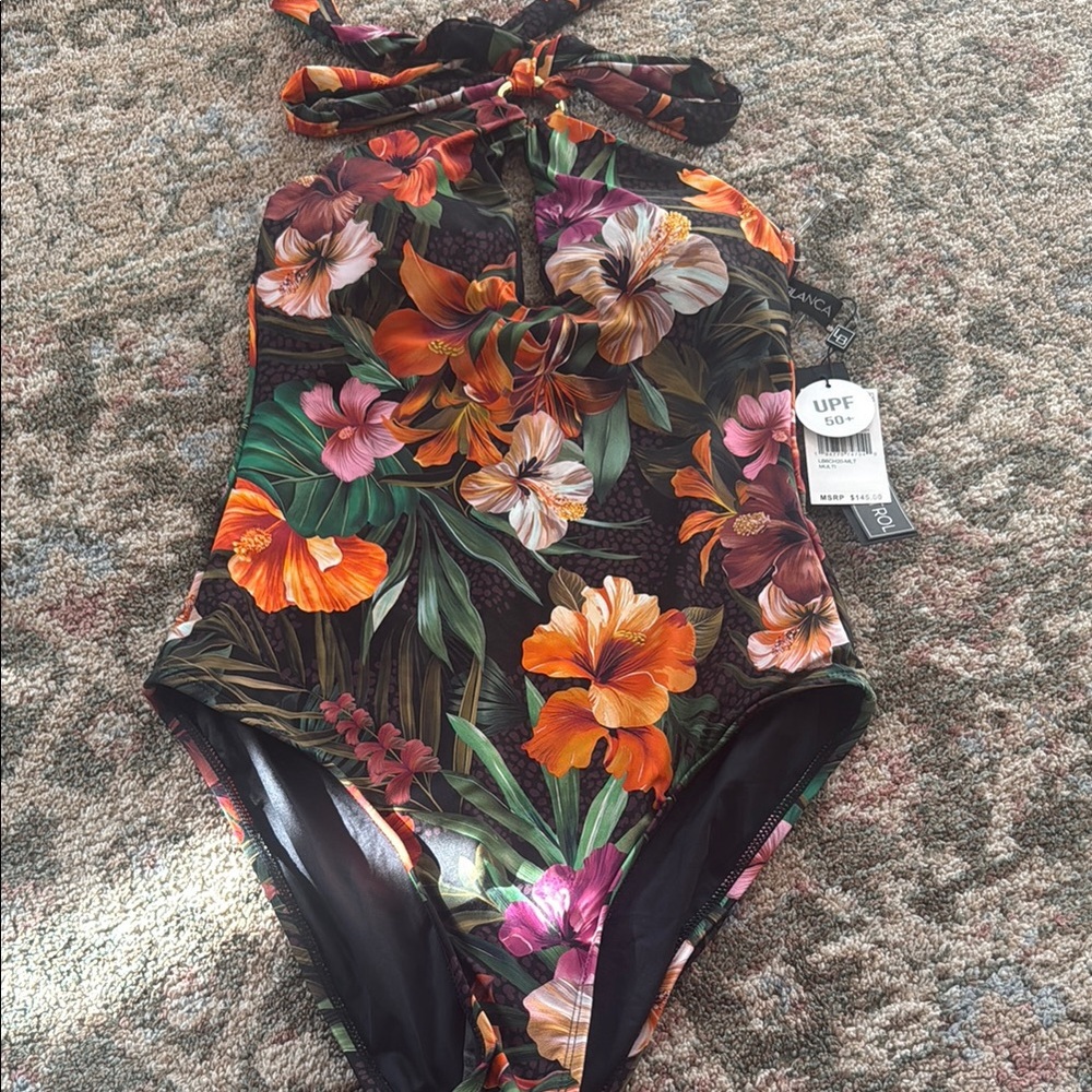 New floral UPF50 tummy control Halter Tie LA Blanka swimsuit size 8 stretchy